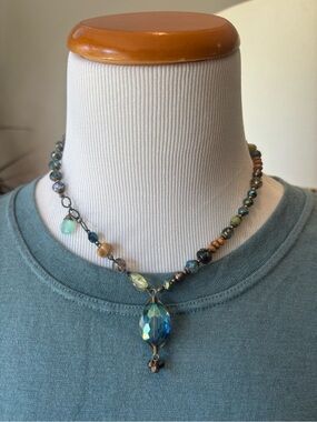 Anne Vaughan Handmade Multicolor Beaded Necklace with Blue-Green Pendant